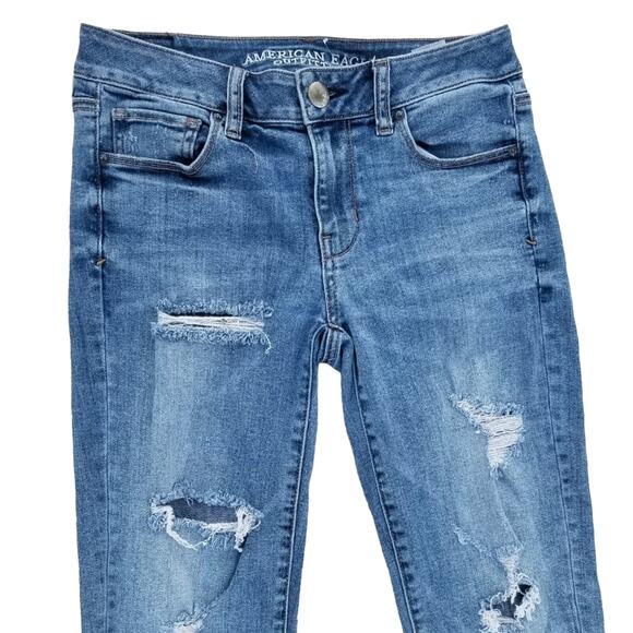 Distressed Jeans AEO Size 4 Super Stretch Denim American Eagle Outfitters Skinny - Picture 2 of 10